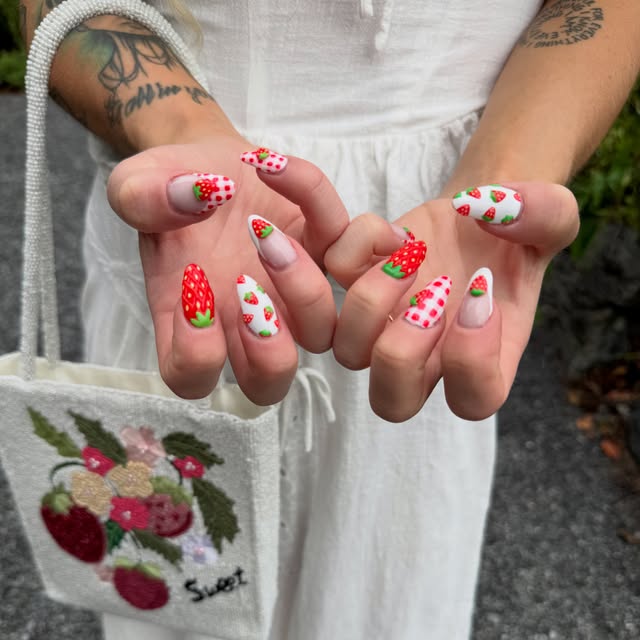 Strawberry and pink gingham nail art by Jessie